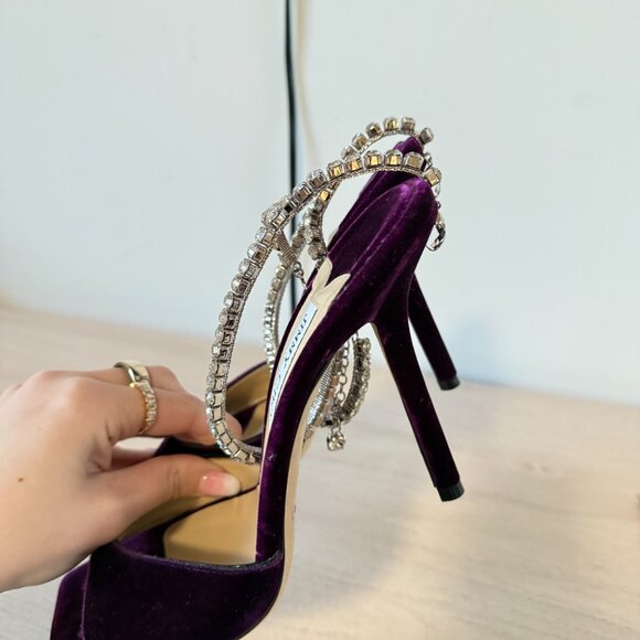 Jimmy Choo Saeda 100 Sandals Dark Purple Velvet Crystal Strap Square Toe Sz 40 - Picture 8 of 10